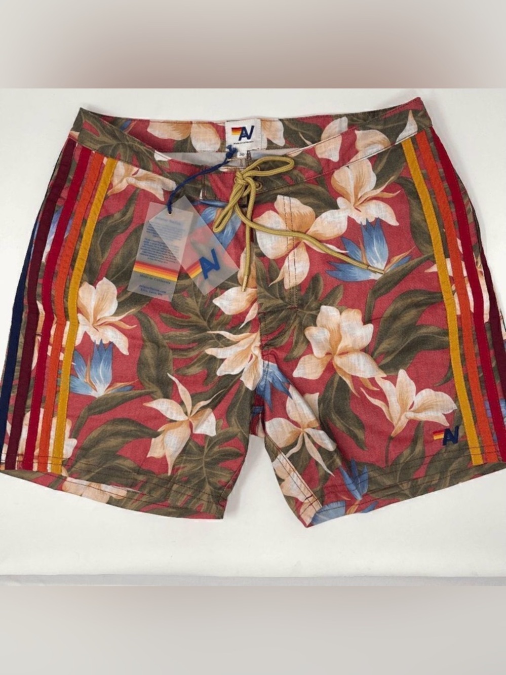 Aviator Nation Red Floral Stripe Men’s Swim Board Shorts